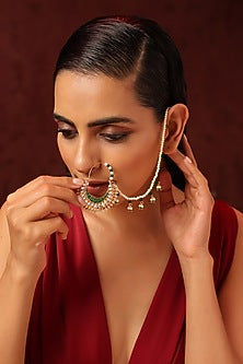 Gold Finish Kundan Polki & Pearl Nose Ring