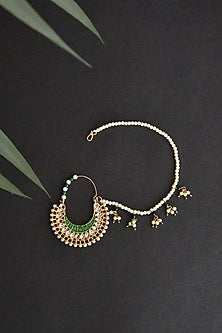 Gold Finish Kundan Polki & Pearl Nose Ring