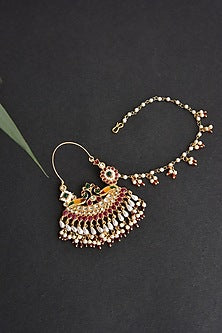 Gold Finish Kundan Polki & Pearl Nose Ring