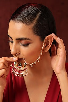 Gold Finish Kundan Polki & Pearl Nose Ring