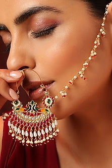 Gold Finish Kundan Polki & Pearl Nose Ring