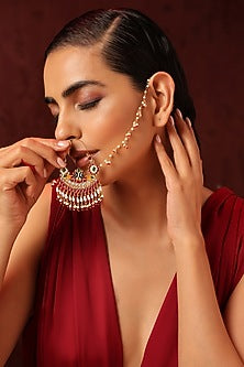 Gold Finish Kundan Polki & Pearl Nose Ring