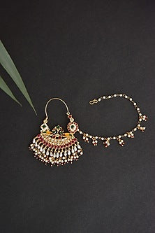 Gold Finish Kundan Polki & Pearl Nose Ring