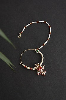 Gold Finish Kundan Polki & Pearl Nose Ring