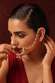 Gold Finish Kundan Polki & Pearl Nose Ring