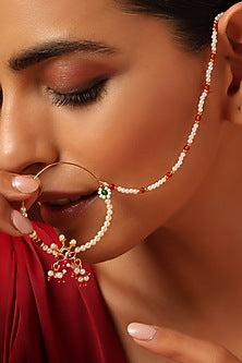 Gold Finish Kundan Polki & Pearl Nose Ring
