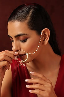 Gold Finish Kundan Polki & Pearl Nose Ring