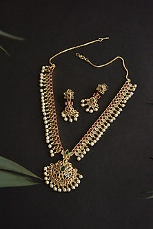 Gold Finish Kundan Polki & Green Stone Long Necklace Set