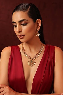 Gold Finish Kundan Polki & Green Stone Long Necklace Set