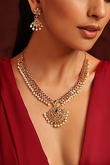 Gold Finish Kundan Polki & Green Stone Long Necklace Set