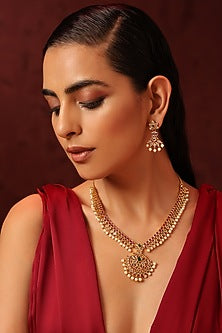 Gold Finish Kundan Polki & Green Stone Long Necklace Set
