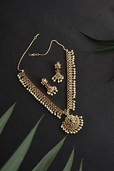 Gold Finish Kundan Polki & Green Stone Long Necklace Set