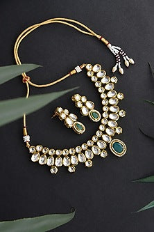 Gold Finish Kundan Polki & Green Stone Necklace Set