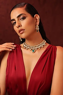 Gold Finish Kundan Polki & Green Stone Necklace Set