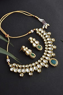 Gold Finish Kundan Polki & Green Stone Necklace Set