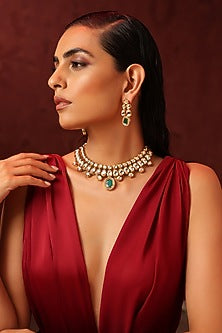 Gold Finish Kundan Polki & Green Stone Necklace Set