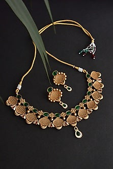 Gold Finish Kundan Polki & Green Stone Temple Necklace Set