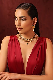 Gold Finish Kundan Polki & Green Stone Temple Necklace Set
