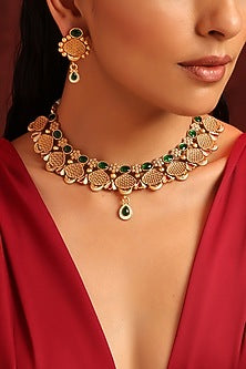Gold Finish Kundan Polki & Green Stone Temple Necklace Set