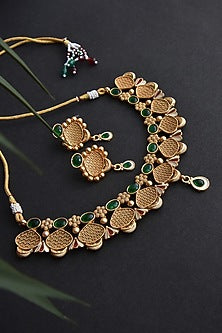Gold Finish Kundan Polki & Green Stone Temple Necklace Set