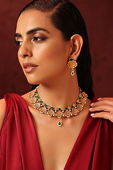 Gold Finish Kundan Polki & Green Stone Temple Necklace Set