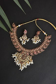Gold Finish Kundan Polki & Pearl Long Necklace Set
