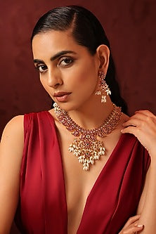 Gold Finish Kundan Polki & Pearl Long Necklace Set
