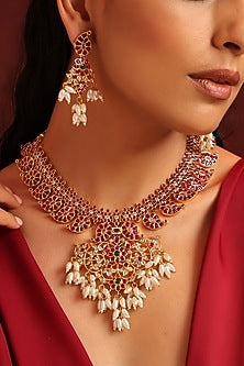 Gold Finish Kundan Polki & Pearl Long Necklace Set