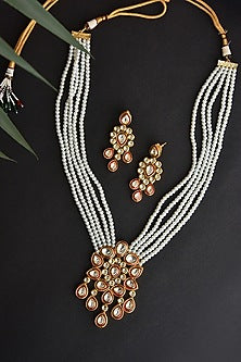 Gold Finish Red Kundan Polki & Pearl Long Necklace Set