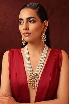Gold Finish Red Kundan Polki & Pearl Long Necklace Set