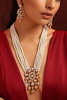 Gold Finish Red Kundan Polki & Pearl Long Necklace Set