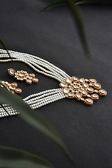 Gold Finish Red Kundan Polki & Pearl Long Necklace Set
