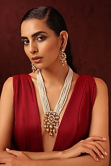 Gold Finish Red Kundan Polki & Pearl Long Necklace Set