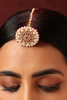 Gold Finish Red Kundan Polki Maangtikka