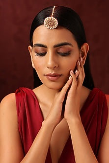 Gold Finish Red Kundan Polki Maangtikka