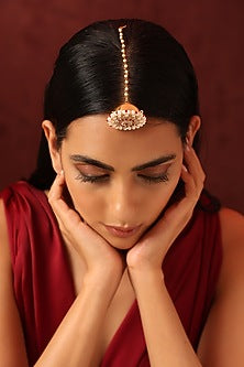 Gold Finish Red Kundan Polki Maangtikka