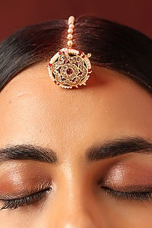 Gold Finish Red Kundan Polki Maangtikka