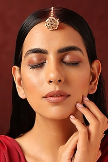 Gold Finish Red Kundan Polki Maangtikka