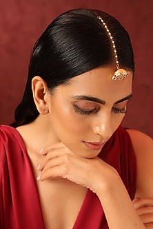 Gold Finish Red Kundan Polki Maangtikka