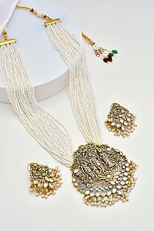 Gold Finish Kundan Polki & Pearl Pendant Necklace Set