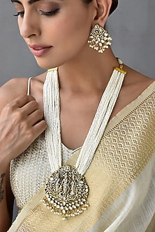 Gold Finish Kundan Polki & Pearl Pendant Necklace Set