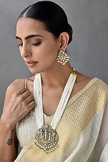 Gold Finish Kundan Polki & Pearl Pendant Necklace Set