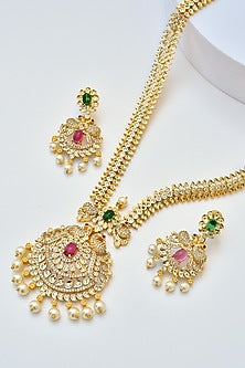 Gold Finish Kundan Polki & Jadau Long Necklace Set