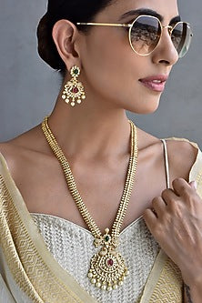 Gold Finish Kundan Polki & Jadau Long Necklace Set