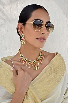 Gold Finish Kundan Polki & Jadau Necklace Set