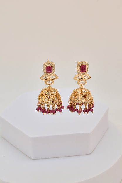 Rose Gold Finish Kundan Polki Jhumka Earrings