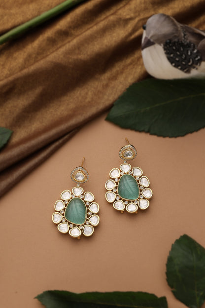 Gold Finish Mint Kundan Polki Dangler Earrings