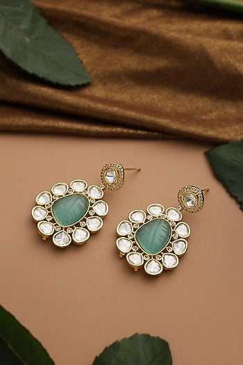 Gold Finish Mint Kundan Polki Dangler Earrings