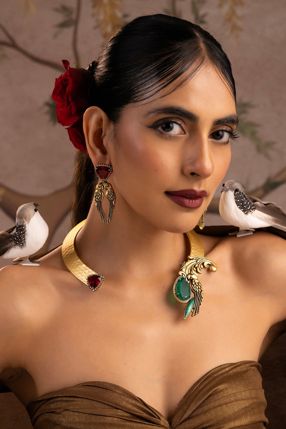 Gold Finish Emerald & Ruby Stone Hasli Necklace Set
