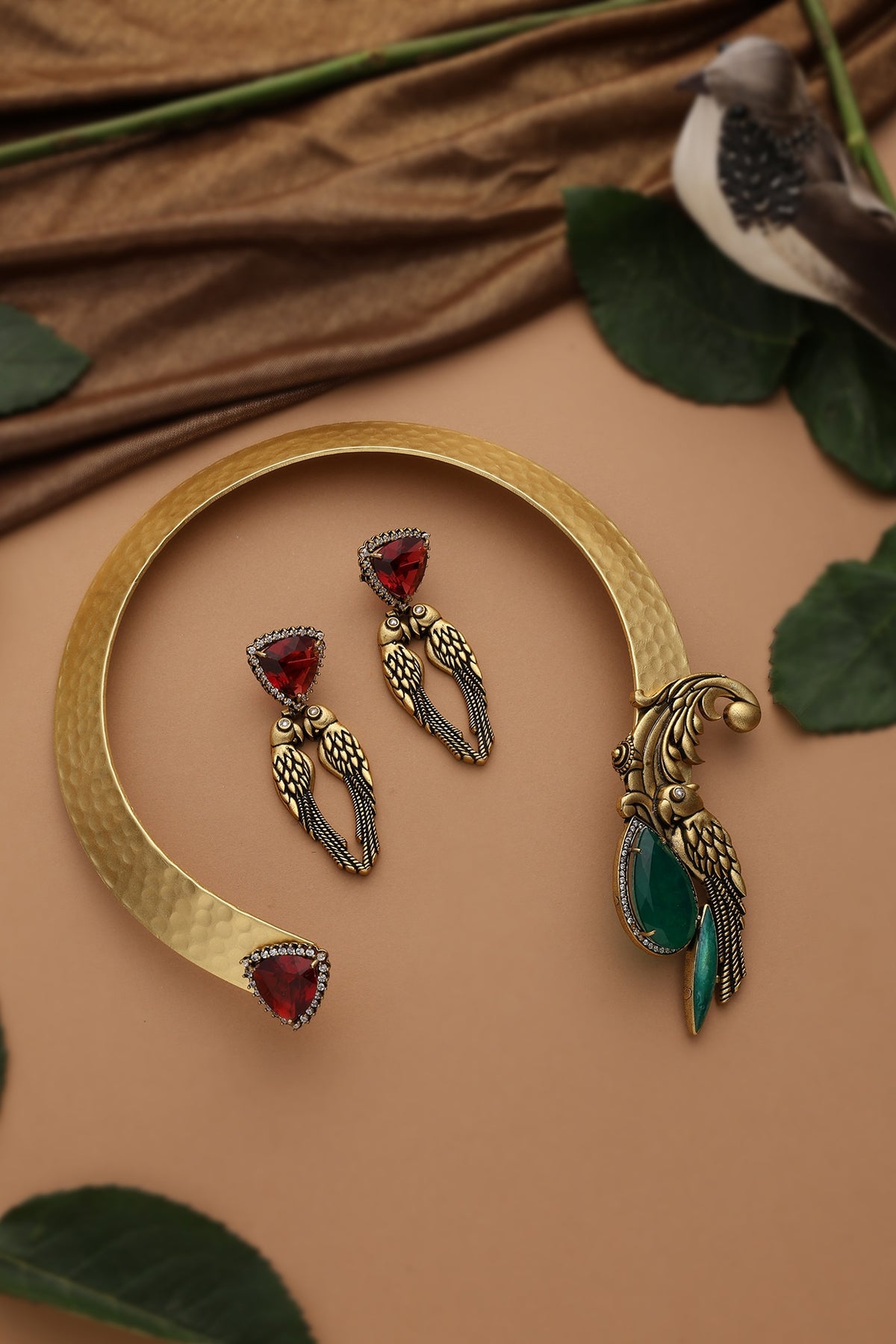Gold Finish Emerald & Ruby Stone Hasli Necklace Set